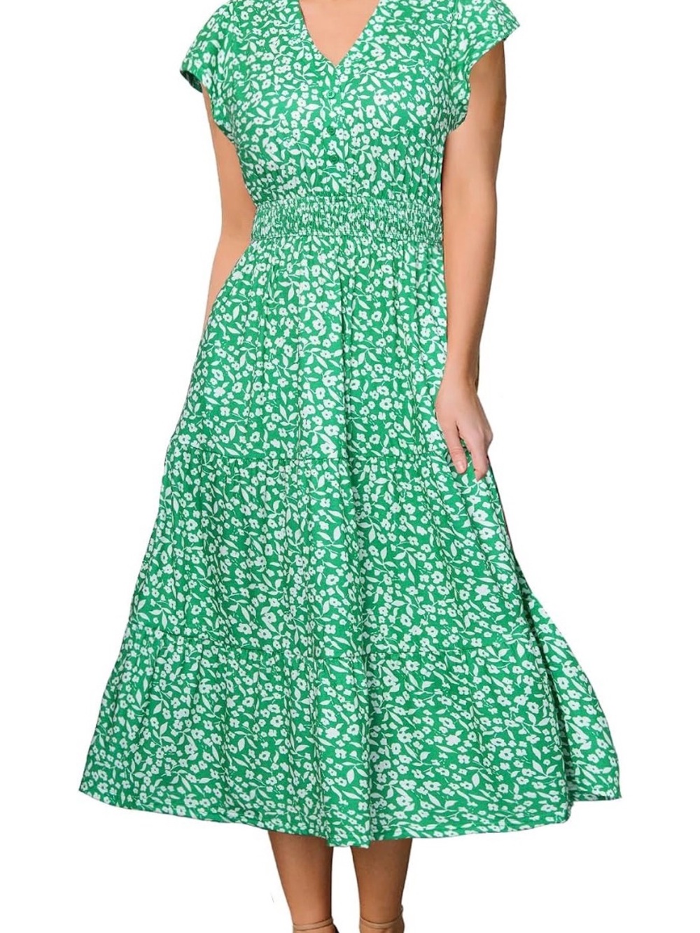 Green Floral V-Neck Smocked Midi Dress M Medium